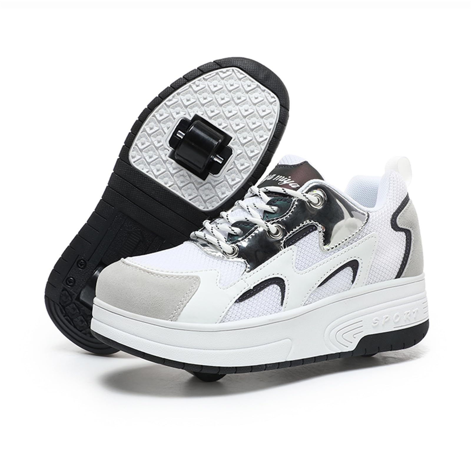 Surwin Roller Skates, Roller Skates for Girls Boys, 2 in 1 Kids Roller Skates, Student Detachable Adult Retractable Skating Shoes, Roller Shoes with 2 Wheels, for Outdoor Sports Walking White