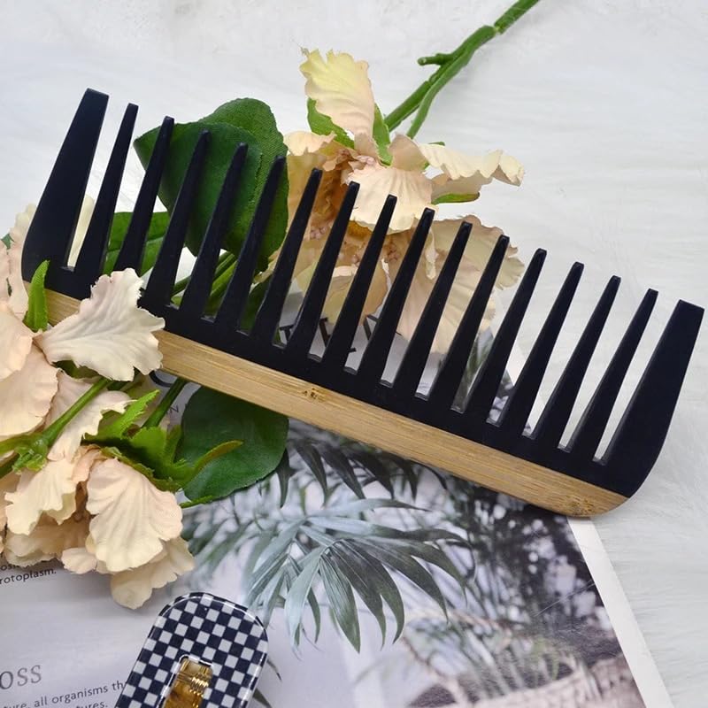 Miniatura 7 de OREN'S - Peine de baquelita de bambú, diseño de dientes anchos antiestático para cabello grueso y encrespado