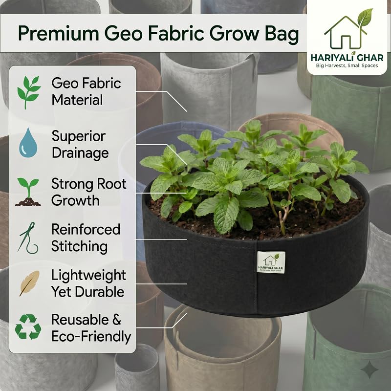 Image of 400 GSM Geo Fabric Round Grow Bags 18x6 Inch, Black Planting Bags for Terrace and Kitchen Gardening Pack of 5