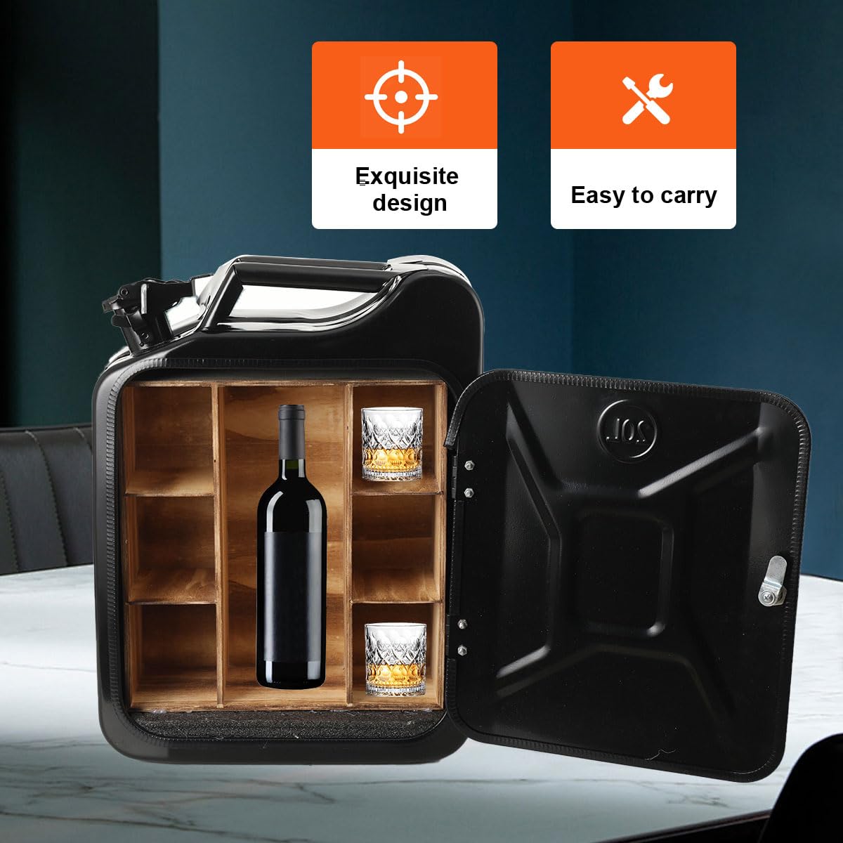 20L Kanister Mini Bar, Schwarzer Whiskey Bar Schrank Jerry Can Mobile Bar, Geburtstagsgeschenk für Männer personalisierte Geschenke für Männer, Abschließbarer Minibar, 34x16x46 cm