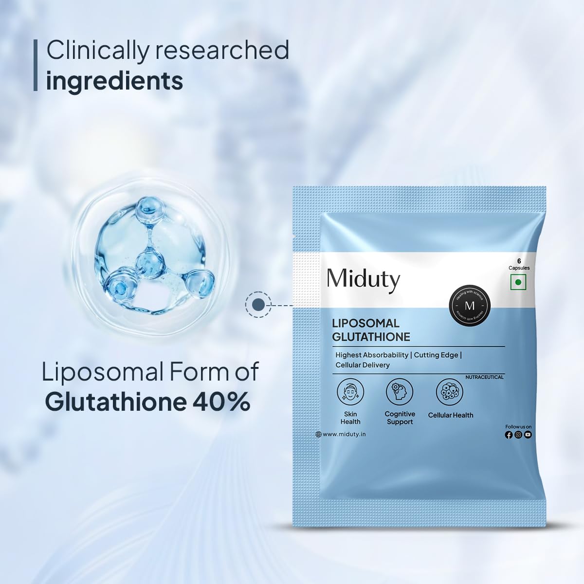 miduty liposomal glutathione benefits 600 mg - Highest Bioavailability & Absorbability - Cellular & Face Health - Helps in Skin Hydration & Skin Glow Buy Miduty Liposomal Glutathione Capsule
