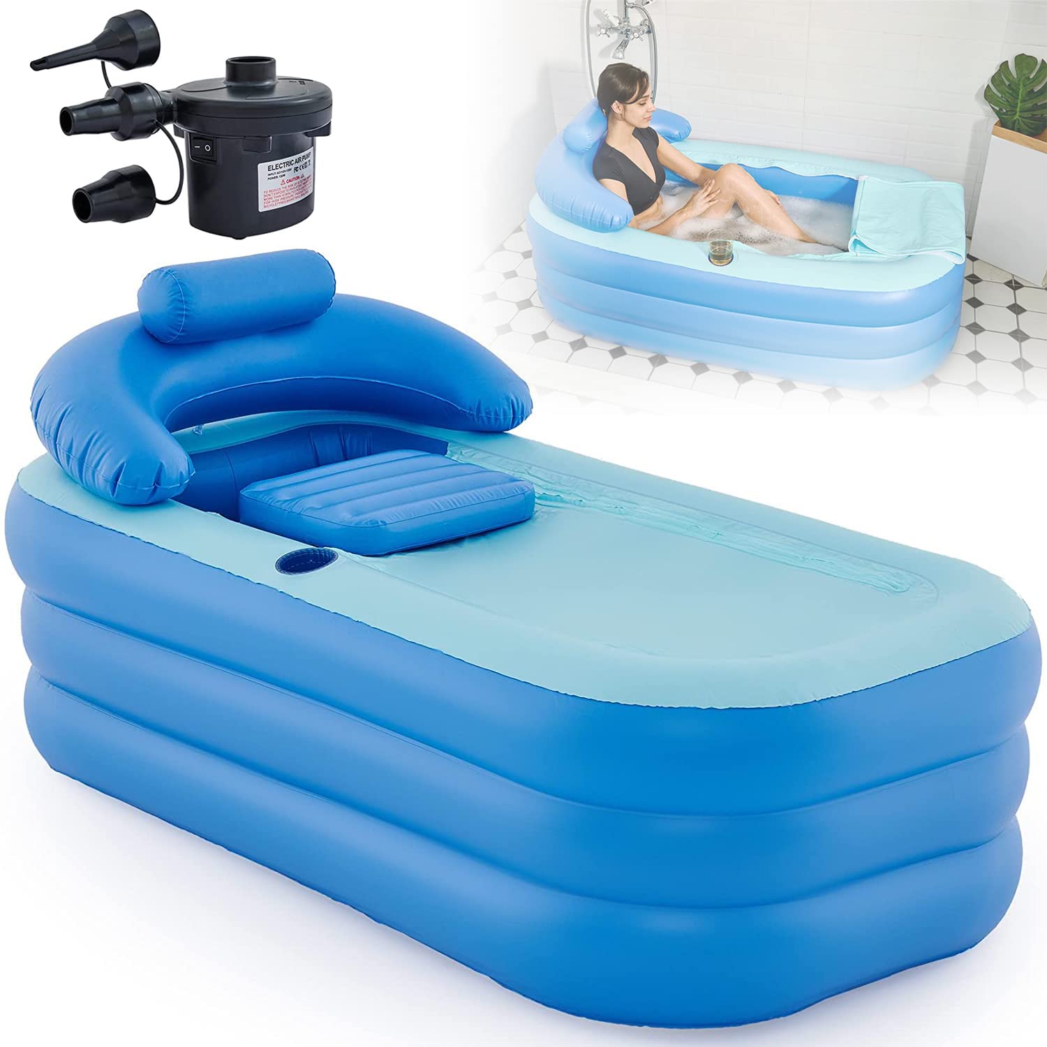 SKADE Inflatable Adult Bath Tub, Free-Standing Blow Up Bathtub with Foldable Portable Feature for Kids and Adult Spa with Electric Air Pump, Pool for Backyard,Water Party (High-Density PVC)