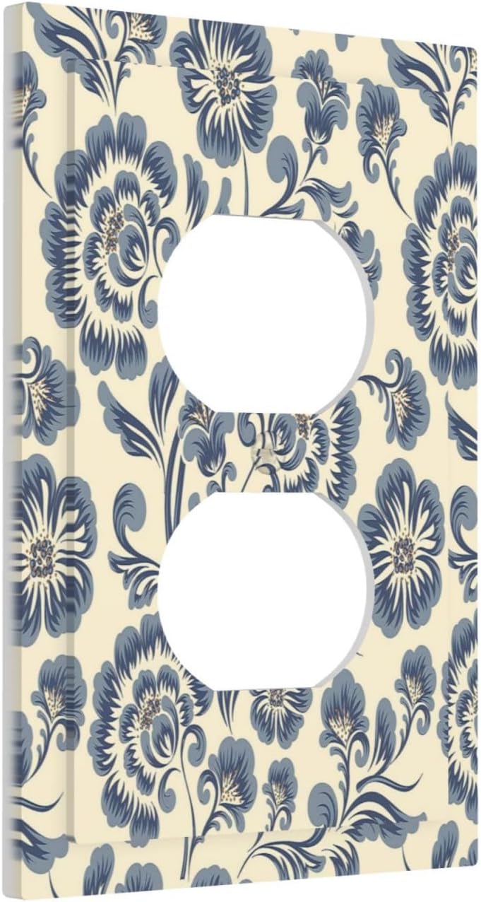 Blue Floral Damask 1 Gang Duplex Light Switch Cover Boho Flower Outlet Covers Wall Plate Decorative Beige Bohemian Electrical Receptacle Switchplate for European Iris Style Living Room Bedroom Decor
