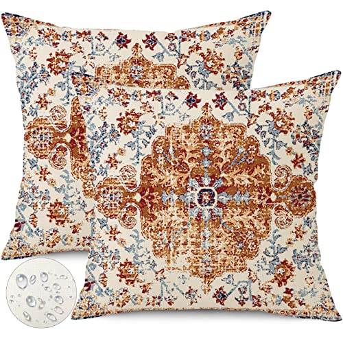 Gujiahone Outdoor Waterproof Pillow Covers - 20x20 Inch Set of 2 Bohemian Vintage Carpet Pattern Pillow Covers in Brown and Blue Ethnic Design for Decorative Farmhouse, Couch, Garden, Balcony