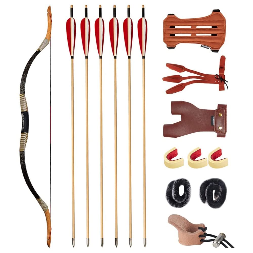 Huntingdoor Longbow Set Arco e Freccia per Adulti 30-50lbs Arco Tradizionale Arco Ricurvo Arco da Cavallo con Frecce in Legno Accessori per Tiro con L'Arco per Pratica del Bersaglio (50lbs)
