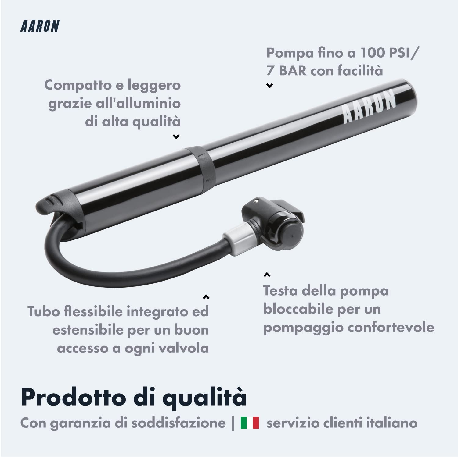 AARON Pocket One Mini pompa per bicicletta per tutte le valvole - Pompa ad aria compatta adatta a tutti i telai - Pompa manuale per viaggi con kit di gonfiaggio gratuito - Pompa a ruota in nero/grigio