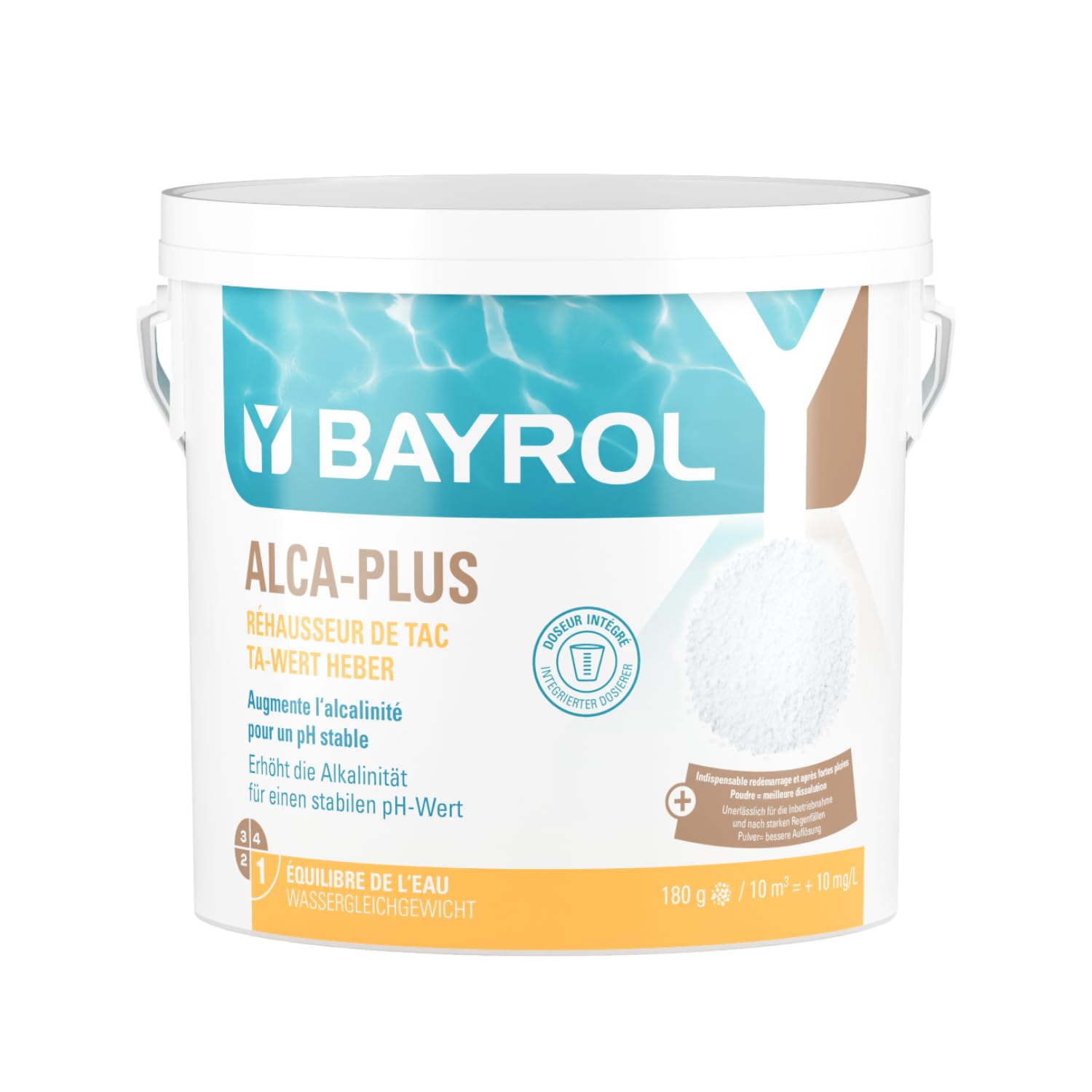 BAYROL e-Alca-Plus - Granulat zur Korrektur eines instabilen pH-Wertes aufgrund niedriger Alkalinität - Eimer enthält Dosierbecher & Plastikbeutel mit Sicherheitsverschluss - 5 kg