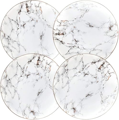 Juego de 4 platos llanos de porcelana con incrustaciones de oro ligero con diseño de mármol nórdico (oro claro, 10 pulgadas)