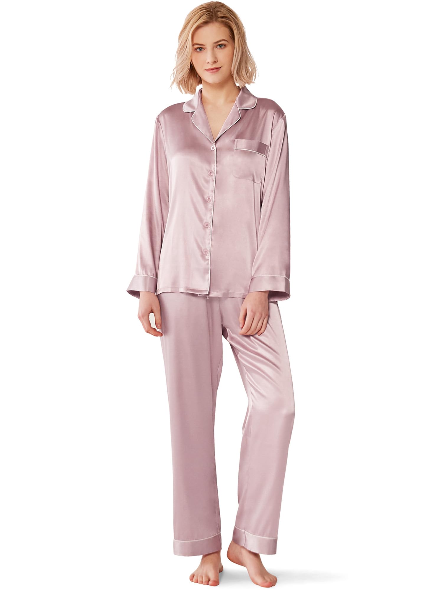 SIORO Women's Silk Satin Pajamas Set, Ladies Short Sleeve Sleepwear Long Pants, Button Down Pj Sets S-XL
