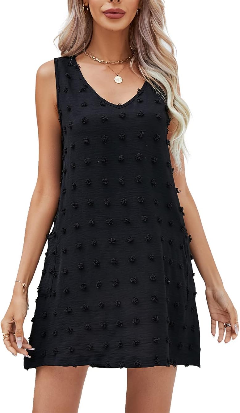 YULOONGWomen's Summer Casual Dress Sexy V Neck Beach Cover up Loose fit Tank Top Swiss Polka Dot Vest with Pockets