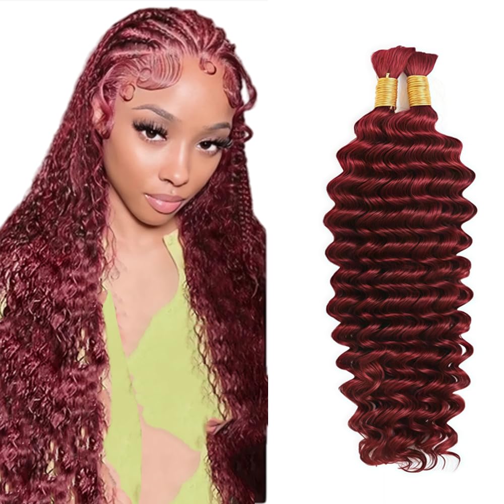 Tuheerst #99j Burgundy Red Boho Braids Human Hair Extension 32 32 Inch No Weft Deep Wave 50g/Bundle Total 100g Unprocessed Wine Red Color Human Braiding Hair For Women