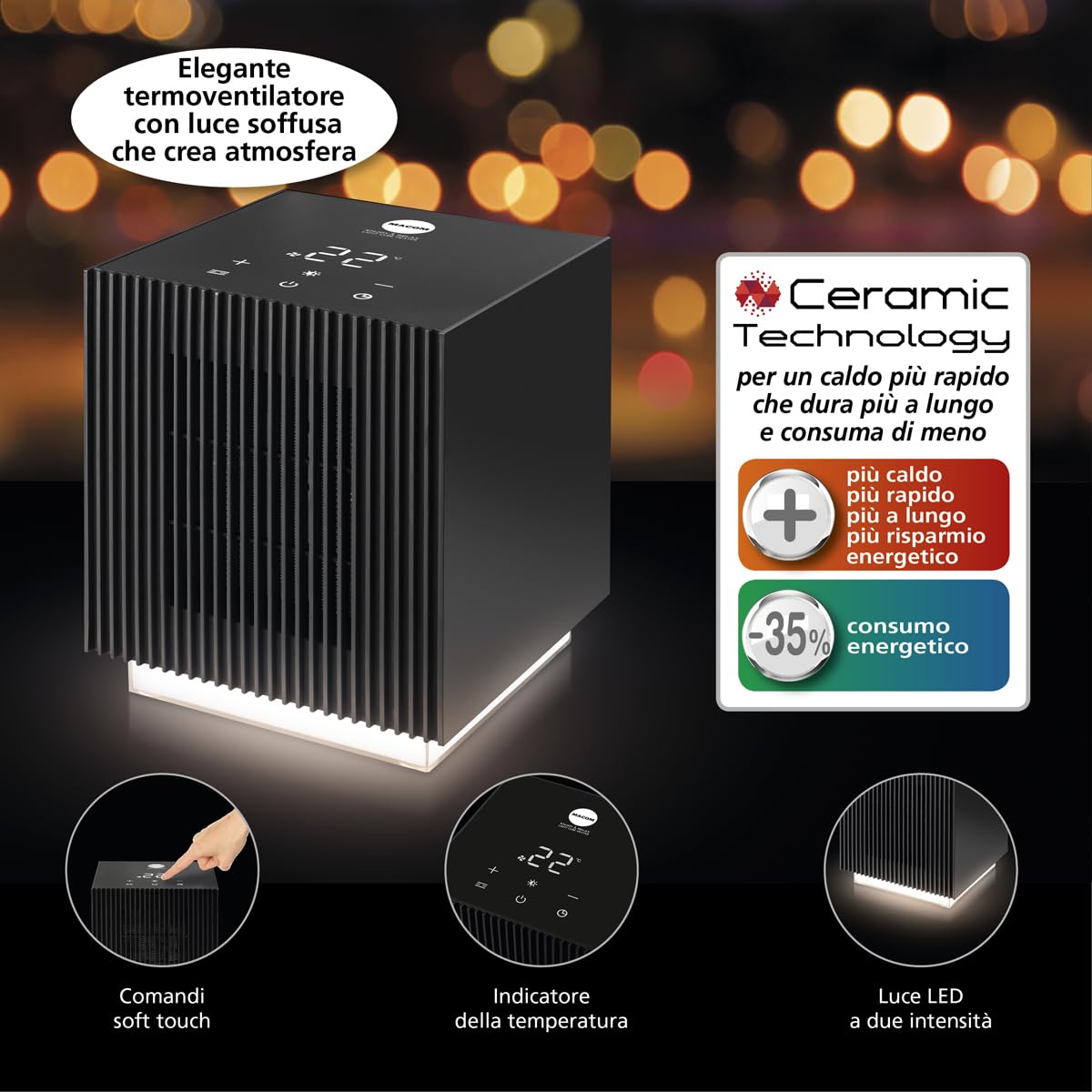 MACOM Termoventilatore Ceramico 2000W con Display LED e Luce Soffusa Atmosfera – Riscaldamento Rapido ed Elegante – Enjoy & Relax 931 Light Cube Heater
