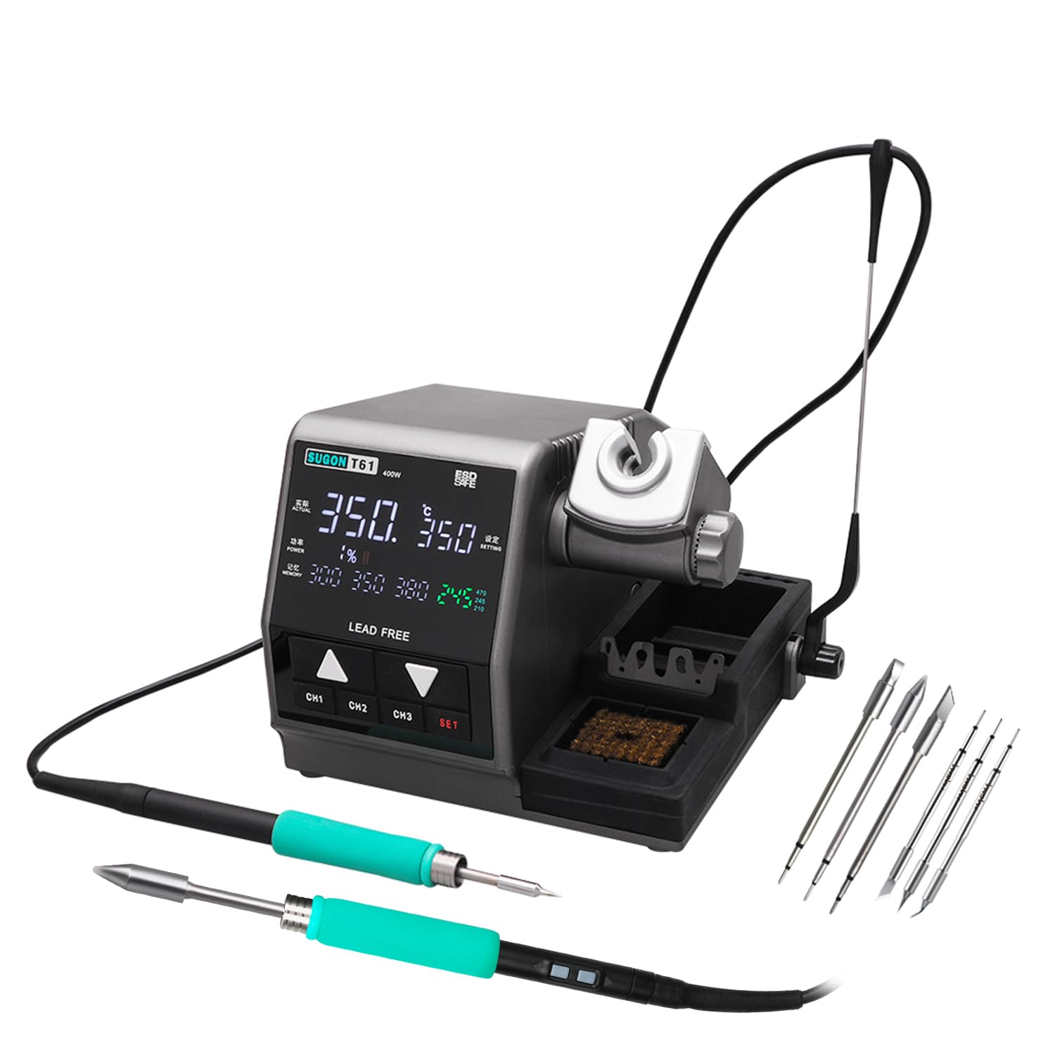 SUGON T61 400W工業用ハンダごてステーション 温度調節 3秒の迅速加熱380℃ 高精細LED画面 3種類の温度メモリ保存 100℃～450℃ 自動スリープ ℃/℉ 迅速なハンダごて先交換 自動車修理、大きなはんだ接合、大量の錫の工業用グレードのハイパワー溶接に適しています