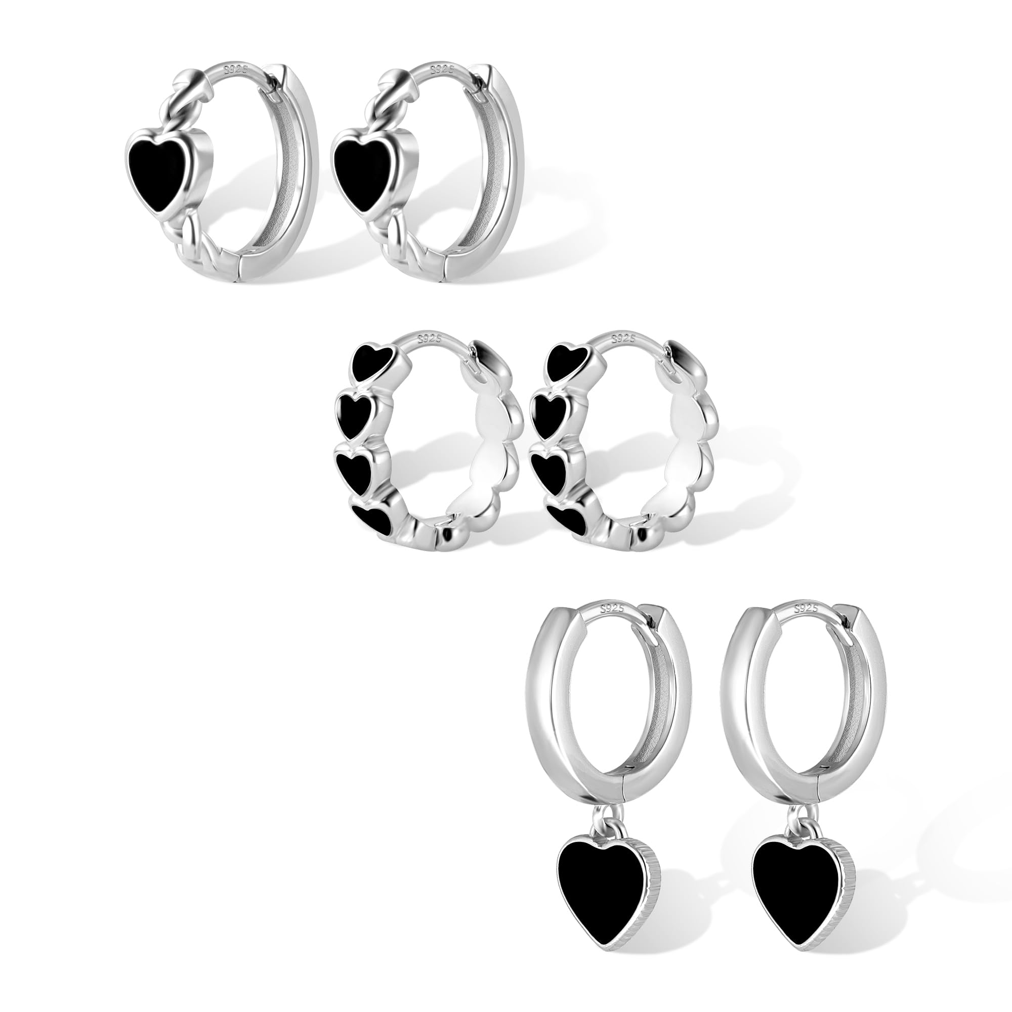ALEXCRAFT Set Orecchini Donna Cuore Argento 925 Set Pendenti Cuore Piccoli Nero 14K Oro Placcato