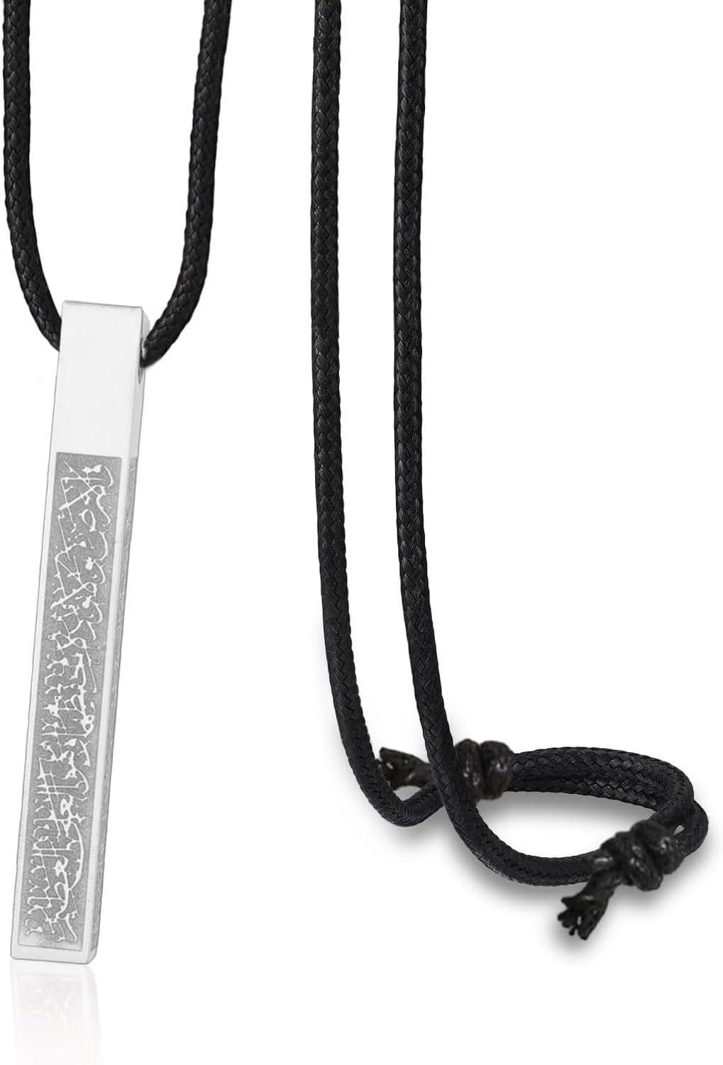 Collana Ayatul Kursi Islamica per Uomo Donna, Versetti Coranici Allah in Arabo 3D, Ciondolo Bar Minimal, Acciaio Inossidabile e Cordino in Pelle, Regalo Eid Gio, Silver Leather Rope