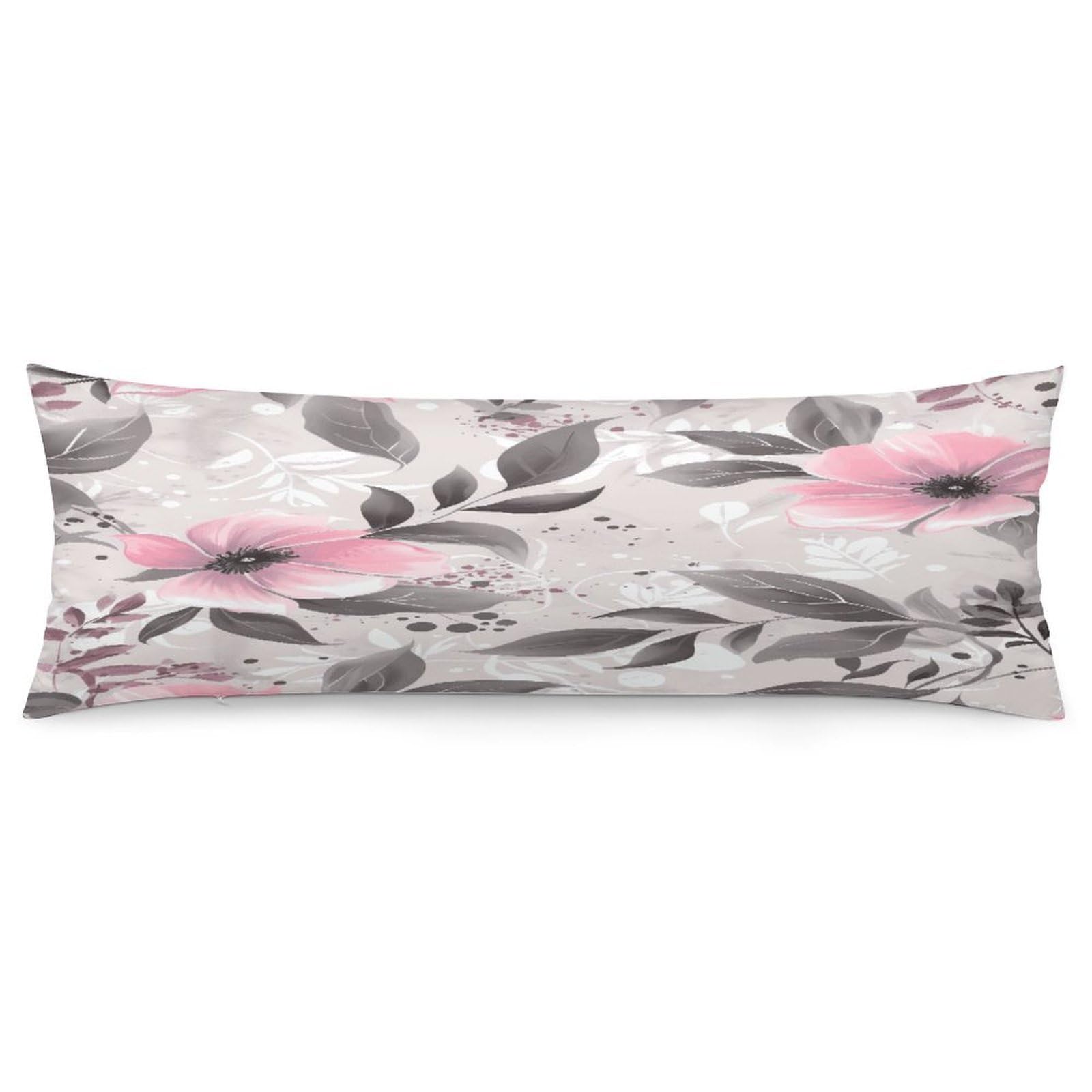 Pink Flowers and Leaves on Gray Body Pillow Cover Soft Full Long Pillow Cover Decorative Large Pillow Case Cozy Body Pillow Pillowcase Pillow Shams for Bed Sofa Couch Room Decor 18.9 X 53 Inch