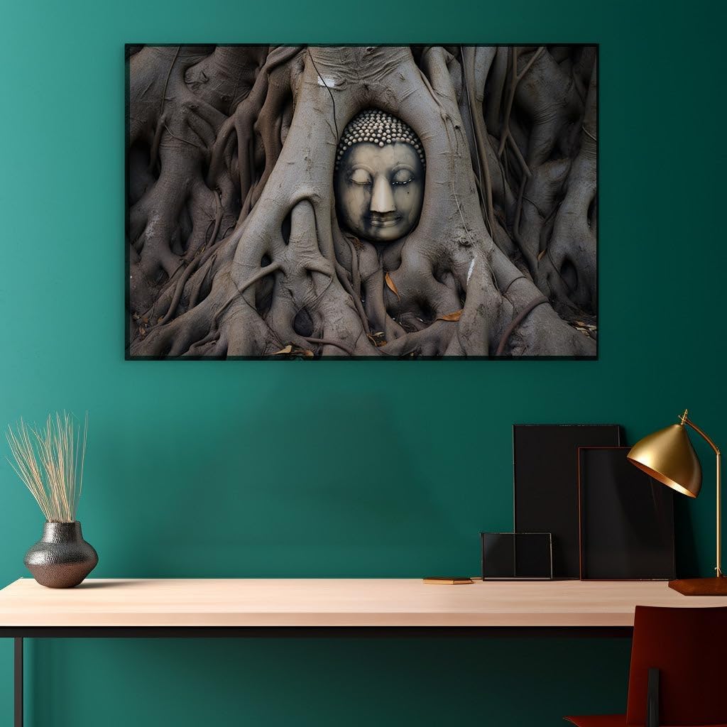 Canvas for Living room. Embracing Tranquility: The Serene Buddha Entwined by Nature's Embrace, 27 x 18 inch Canvas Wall Art - Ready to Hang - 69x46 cm (27x18 inch)