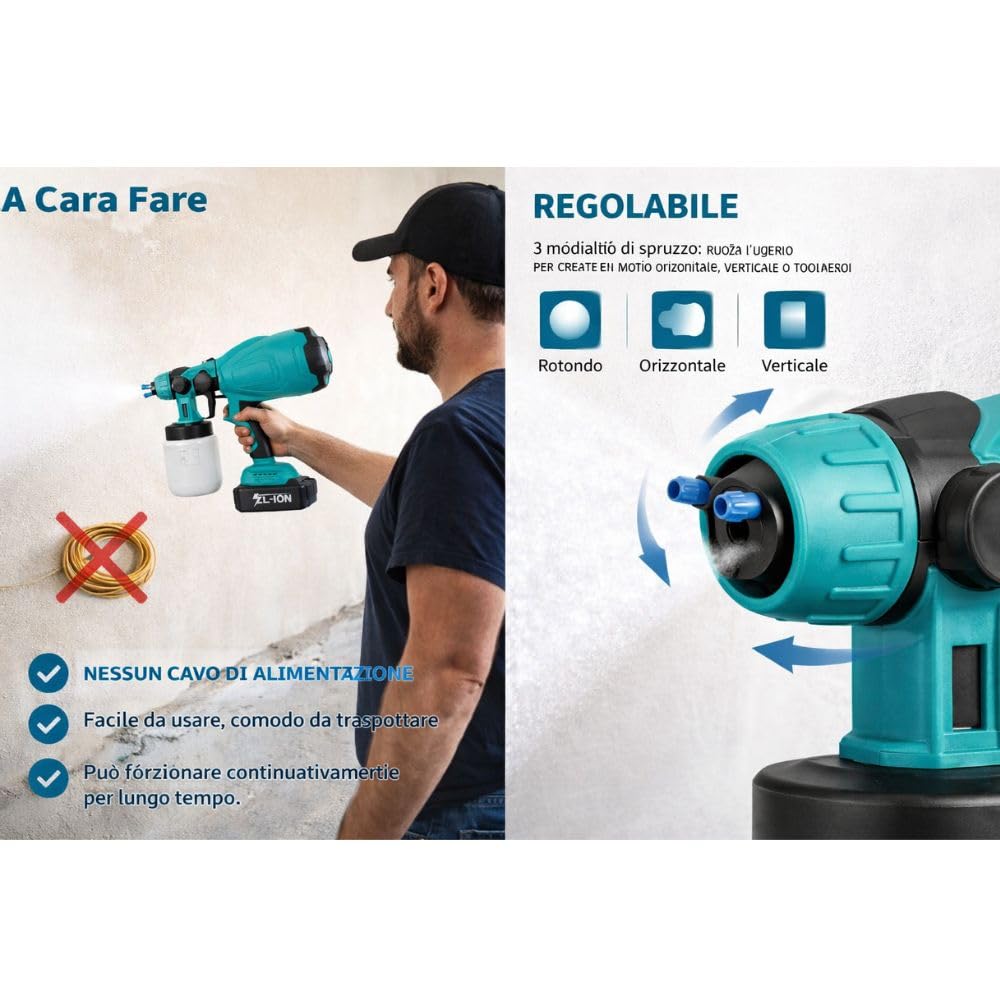 Pistola a Spruzzo a Batteria 48V con Doppia Batteria, Serbatoio 800ml – Verniciatore Elettrico Senza Filo, 3 Modalità di Spruzzo Regolabili