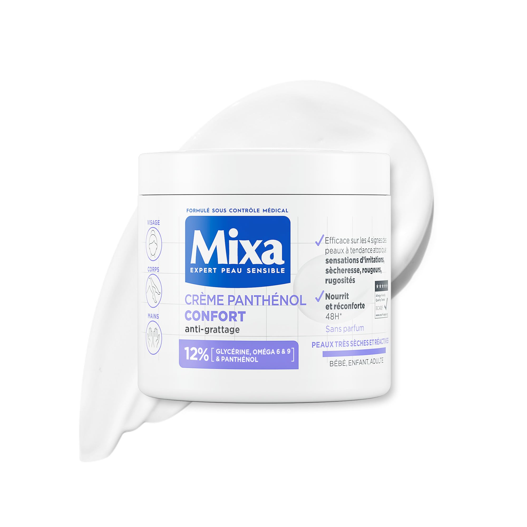 Mixa - Crème Panthénol Confort - Anti-Démangeaisons - Peaux Très Sèches et Réactives - Visage, Corps, Mains - Bébé, Enfant, Adulte Hypoallergénique - Sans Parfum - 400ml