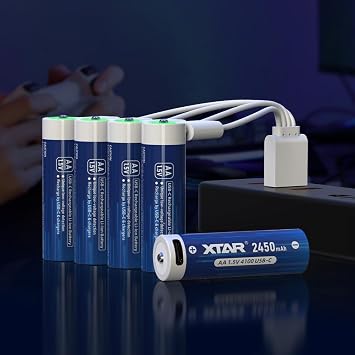 XTAR USB-C Rechargeable AA Batteries 1.5V, 4100mWh 2450mAh, 4-Pack - Fast Charge in 2.7 Hours, Safe for Devices, Eco-Friendly Alternative to Disposable Batteries