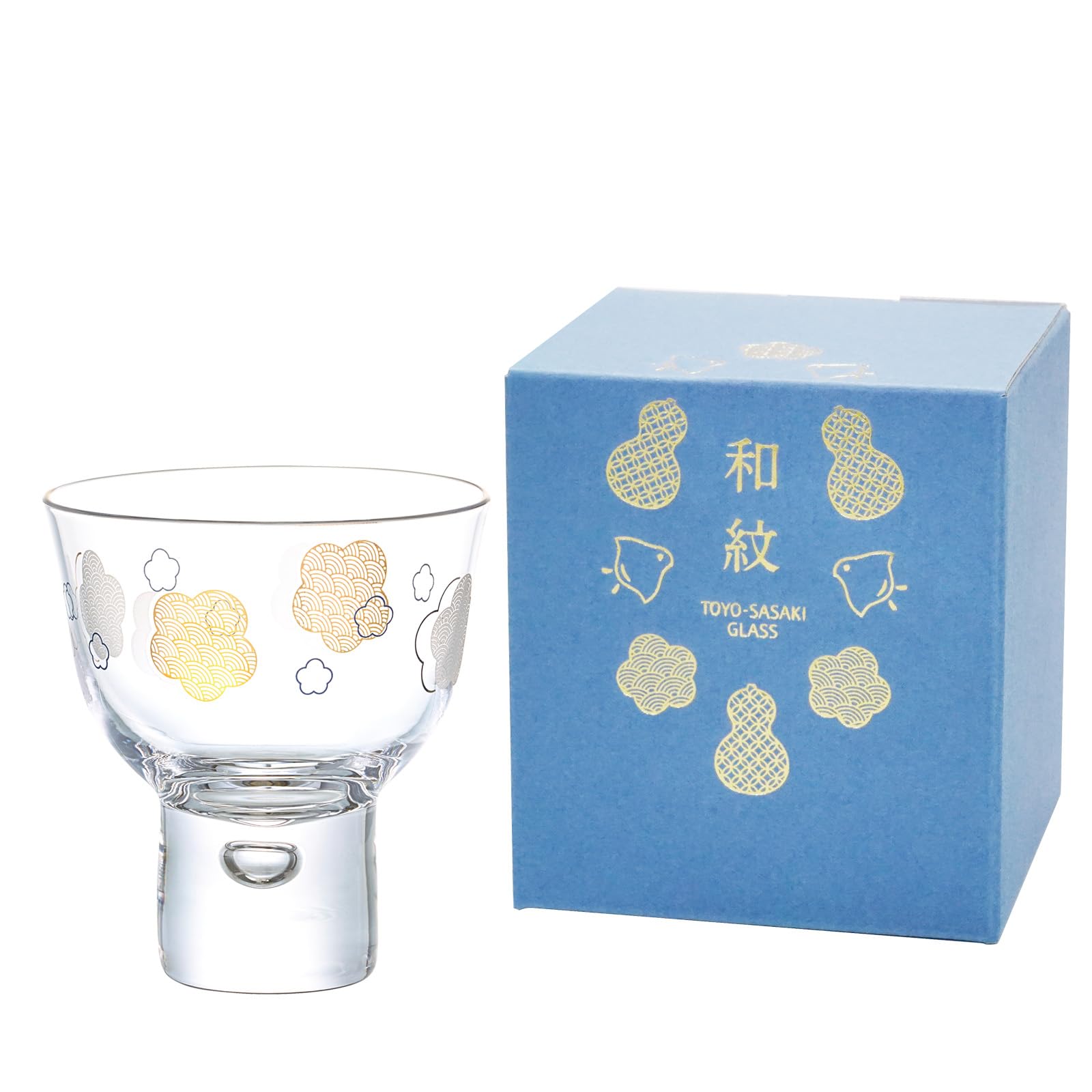 Toyo Sasaki Glass Sake Cup, Japanese Crest, Plum and Sea Wave Pattern (Sold by Case), Made in Japan, Clear 4.1 fl oz (130 ml), Set of 48 07600-J430