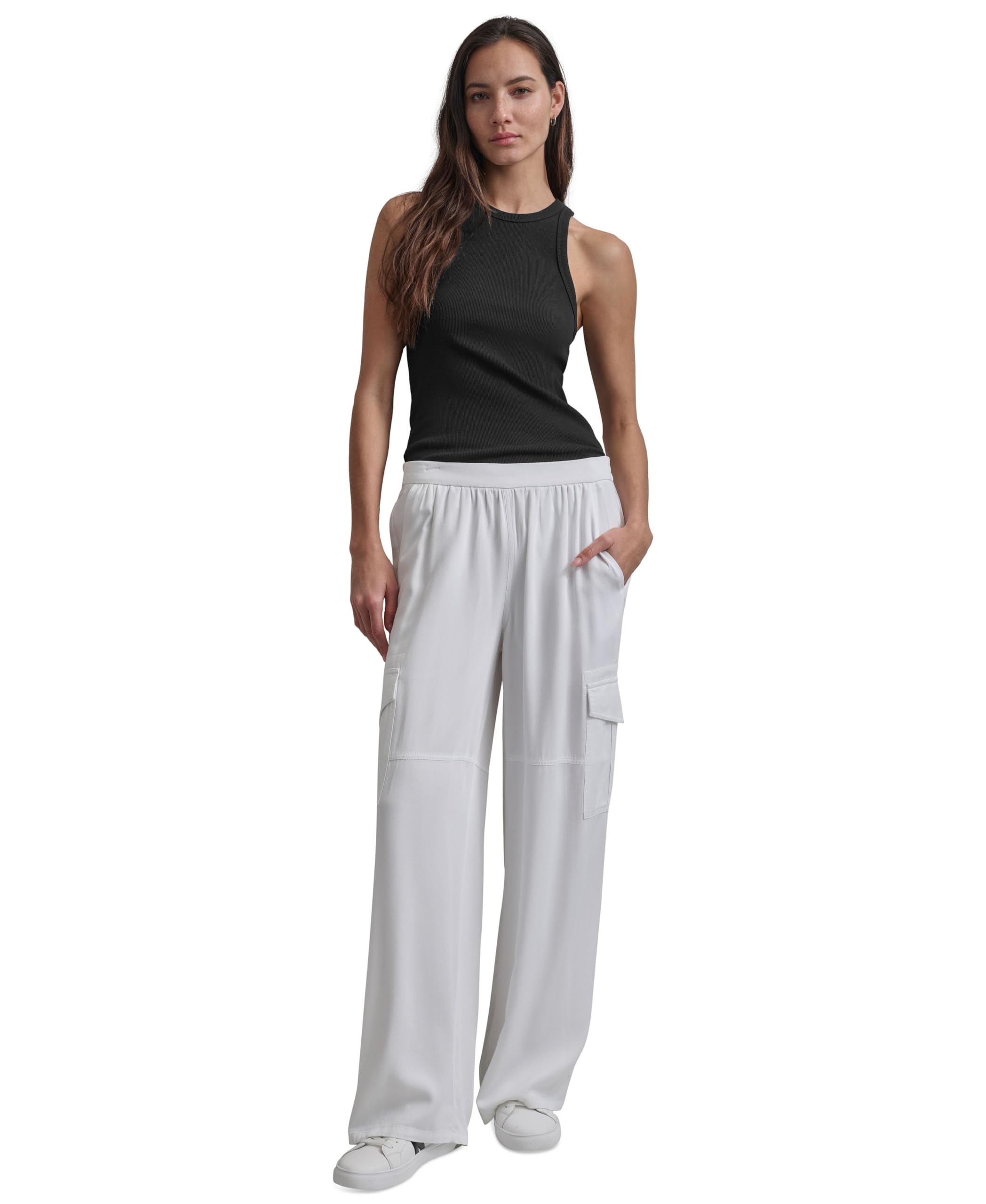DKNY Womens Twill Pull On Wide Leg Pants White XL