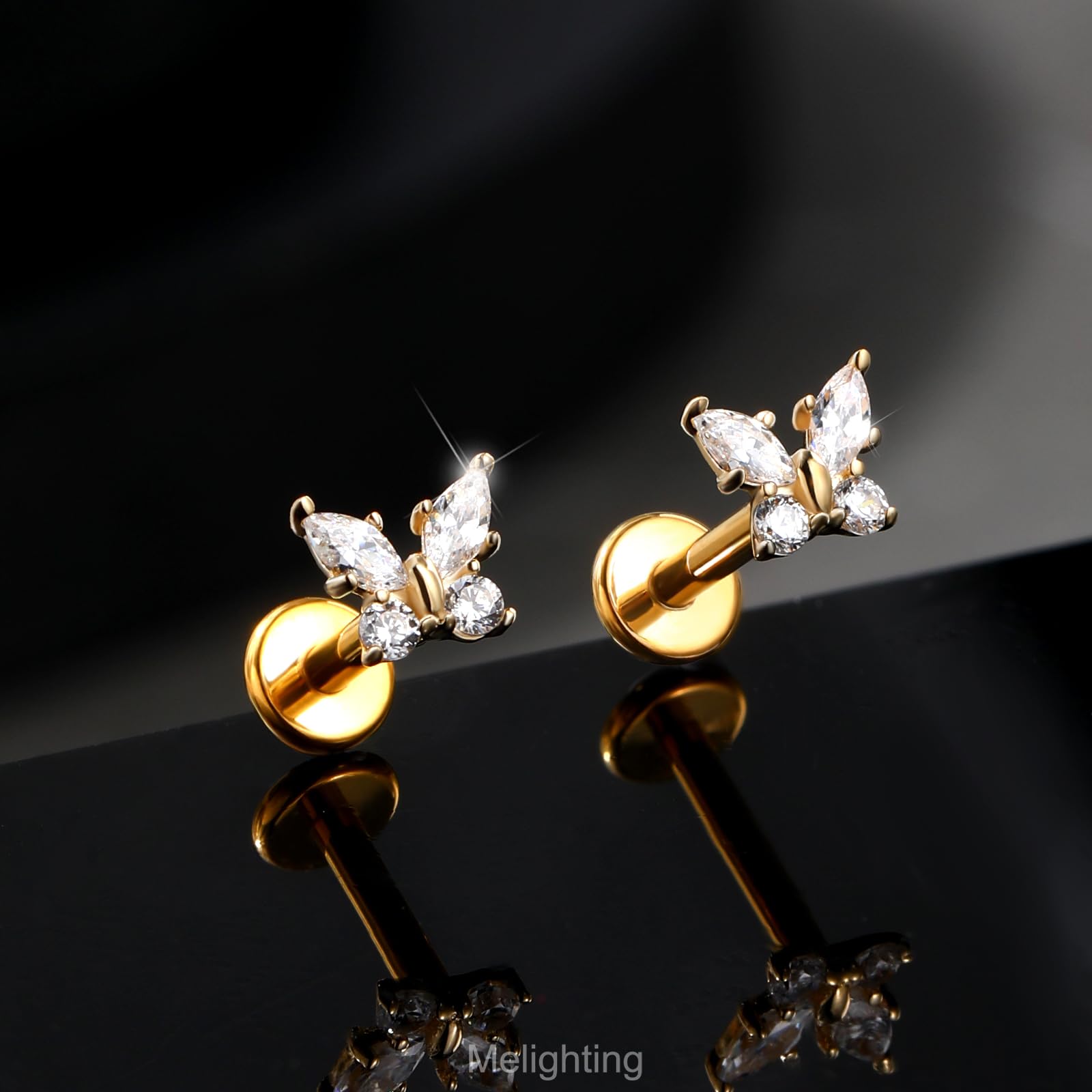 Melighting Schmetterling Flach Rücken Ohrring 16G Helix Stud 14K Gelbgold Knorpel Ohrringe CZ Threadless Tragus Piercing Schmuck