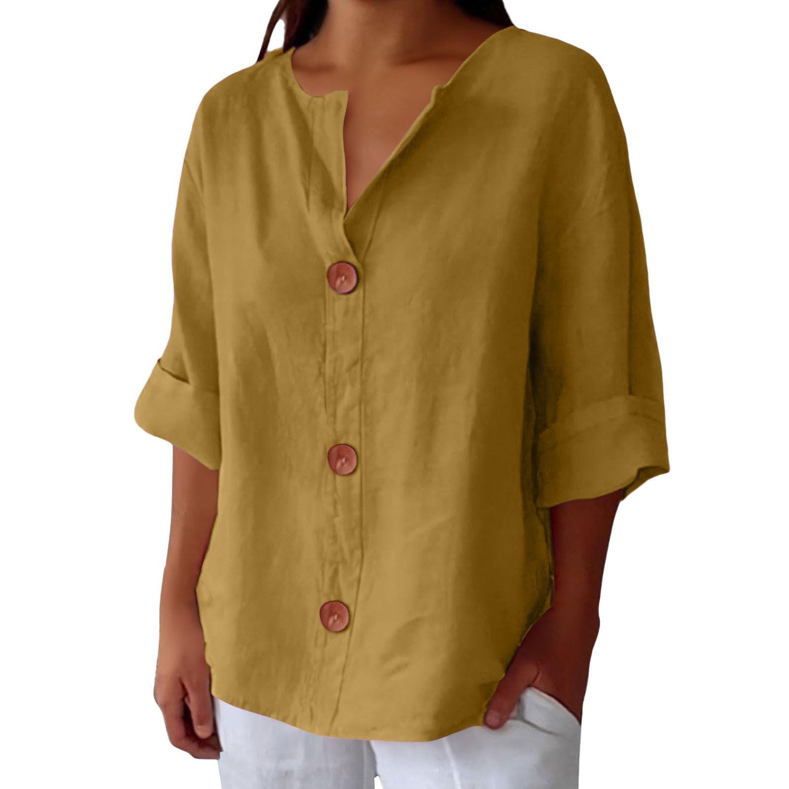 Linen Tops for Women Button Down V Neck 3/4 Sleeve Shirts Roll-Up Solid Casual Loose Fit Tunic Summer Seniors Blouses