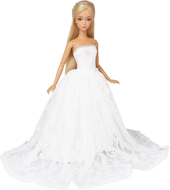 BARWA White Wedding Dress with Long Veil Evening Party Princess White Lace Gown Dress for 11.5 Inch Girl Doll | Evening Party Princess White