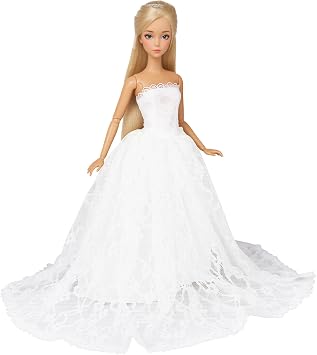 BARWA White Wedding Dress with Long Veil Evening Party Princess White Lace Gown Dress for 11.5 Inch Girl Doll | Evening Party Princess White