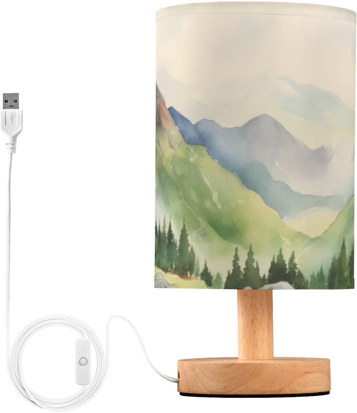 Beautiful Mountain Table Lamps Bedside Nightstand Lamp with Flaxen Fabric Shade and Wooden Base with USB (Non-Removable) for Bedroom 5.12x9.7 in