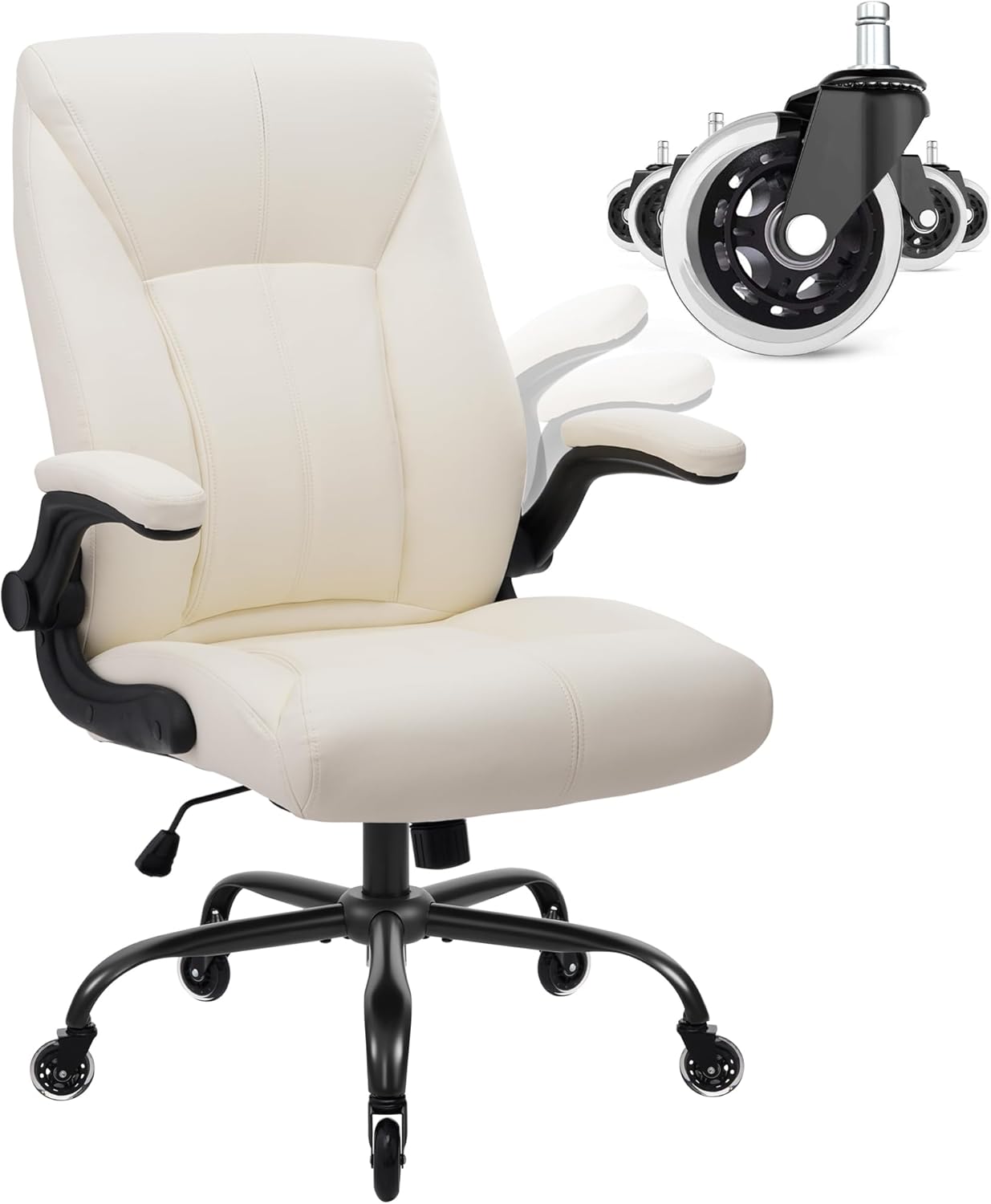 Big and Tall Office Chair for Heavy People 400lb, Executive Desk Computer Chair Adjustable Flip-up Armrests for Women, PU Leather Swivel Task Chair with Ergonomic High Back and Lumbar Support (White)