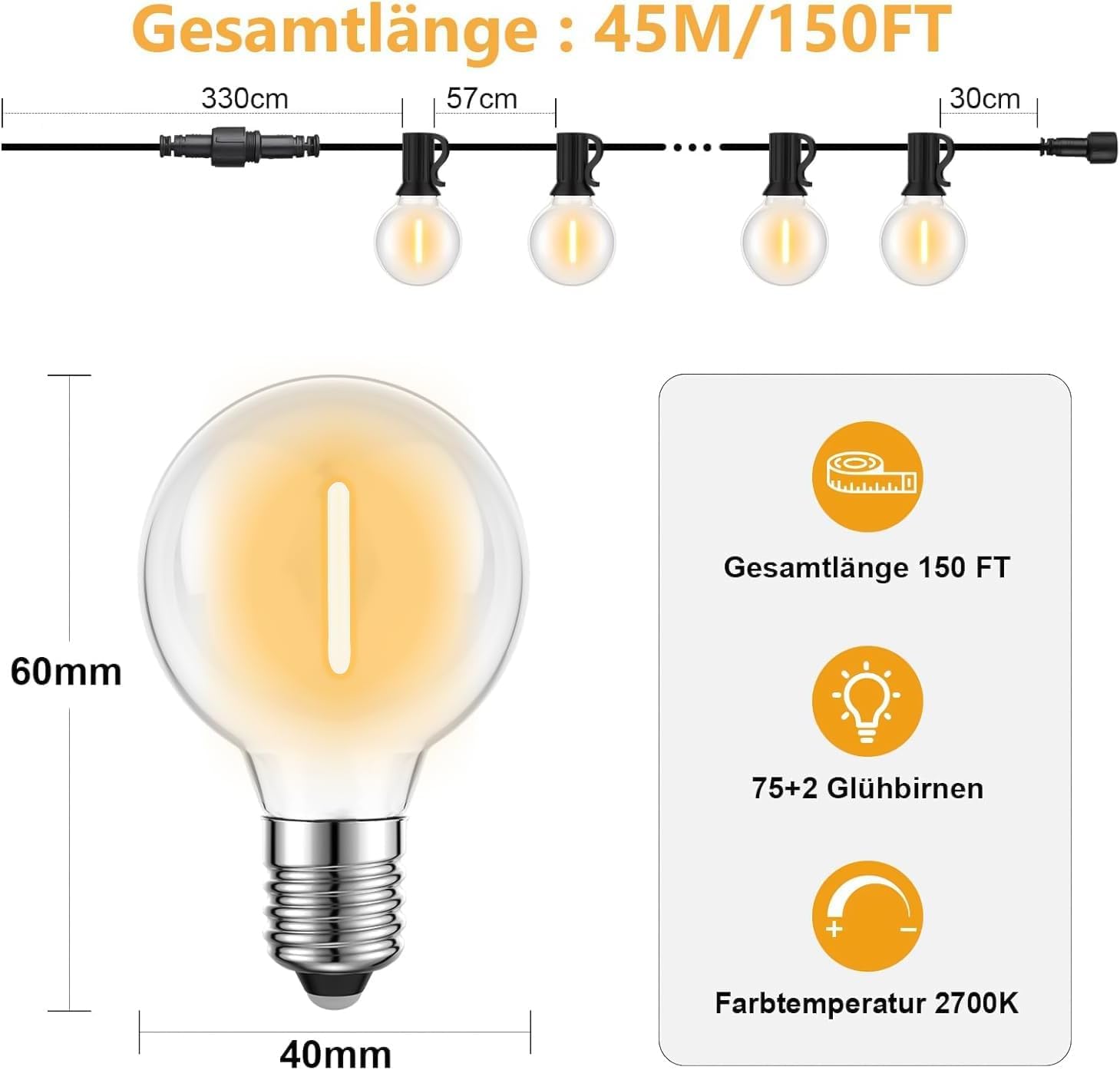 Catena Luminosa Esterno 45M 75+2 LED G40 Lampadine 2700k | 150FT Luci da Esterno Impermeabile Bianco Caldo Catena Luci Esterno e Interno per Giardino Natale Terrazzo, Matrimonio