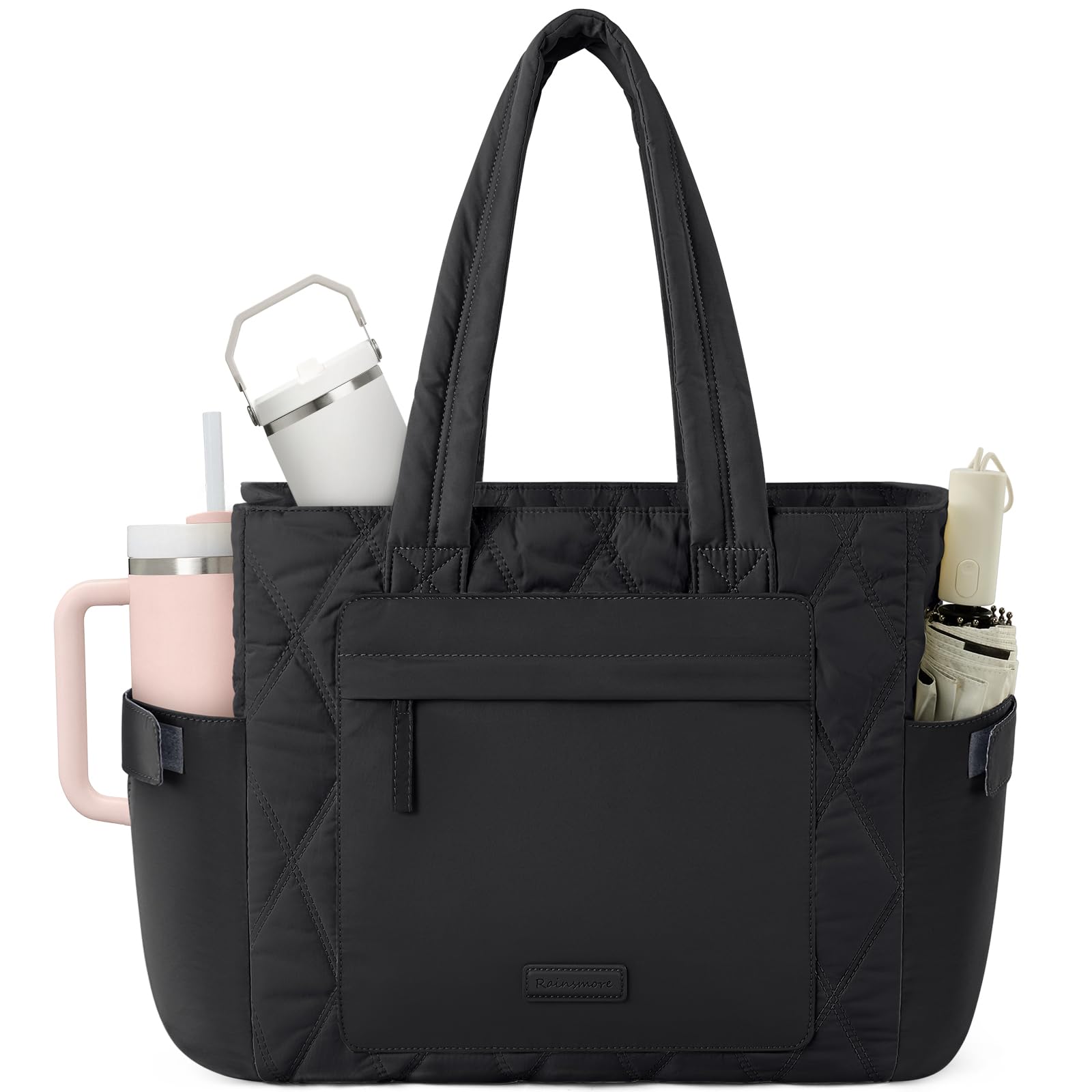 RAINSMORE Bolso Tote Acolchado Mujer, Ligero y Espacioso para Universidad Trabajo Viajes, Puffer Bolsos Shopper Grandes con Compartimentos para Portátil 15,6 Pulgadas Negro