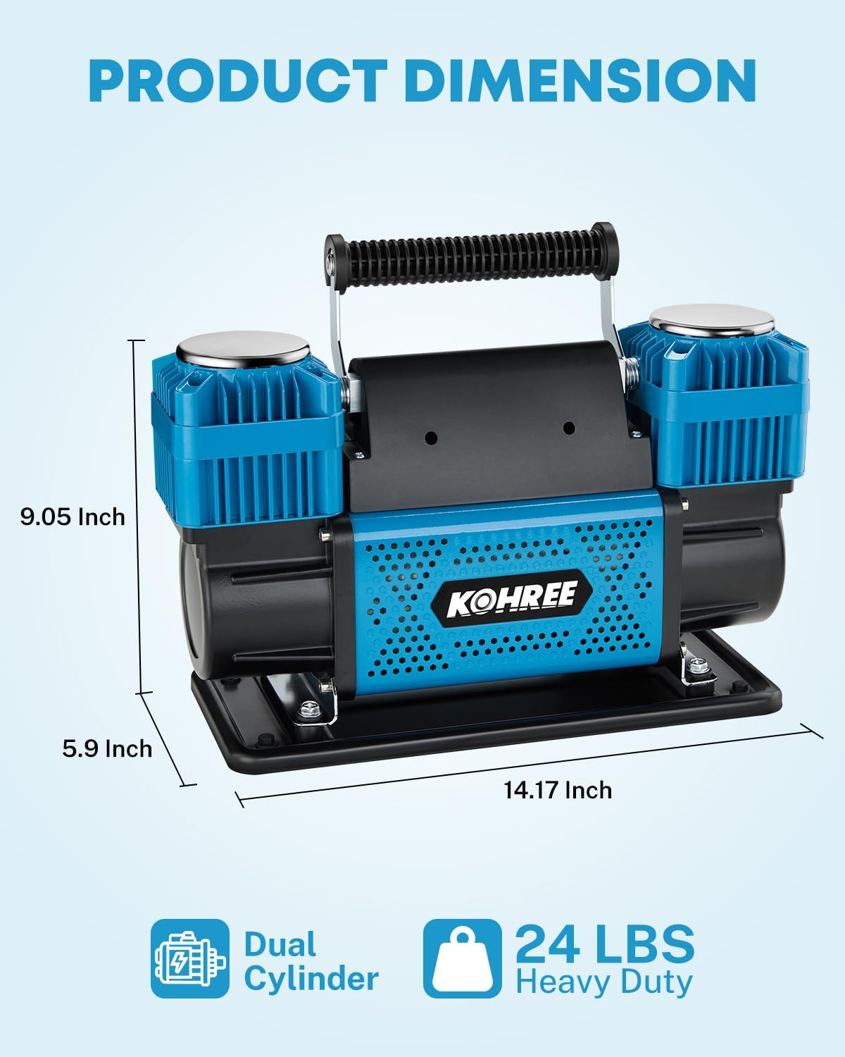 Product dimensions of the Kohree 12V Dual Cylinder Air Compressor