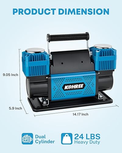 Miniatura 6 de Kohree Compresor de aire de doble cilindro de 12 V, inflador rápido de neumáticos de 12.35 pies³/min, bomba de neumáticos portátil resistente con