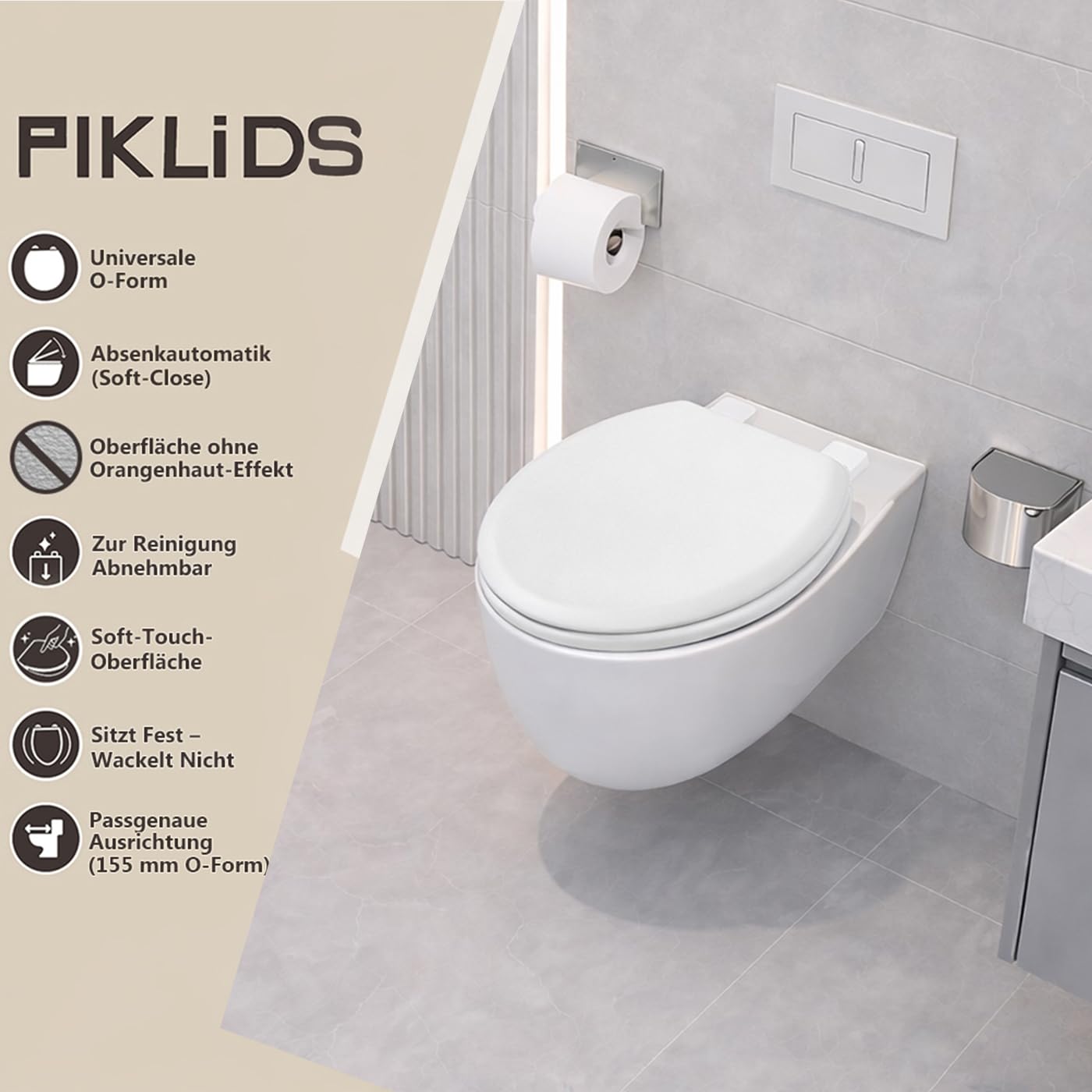 deska sedesowa z drewnianym rdzeniem, matowa – Soft-Touch i ultragładka (bez skórki pomarańczowej), wolnoopadająca i szybkie zapięcie (Easy-Clean) – kształt O, rozstaw otworów 155 mm – PIKLiDS