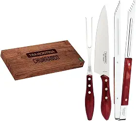 Jogo Trinchante Tramontina com Lâminas em Aço Inox e Cabos de Madeira Tratada Polywood Vermelho 03 Peças
