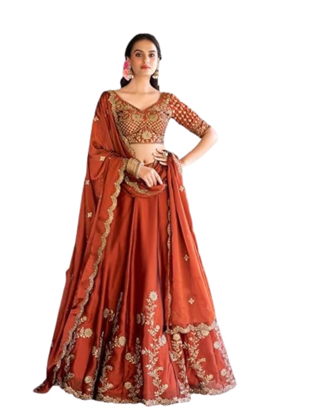 Women's Orange Sequence Embroidery Work Silk Semi-Sttiched Lehenga Choli