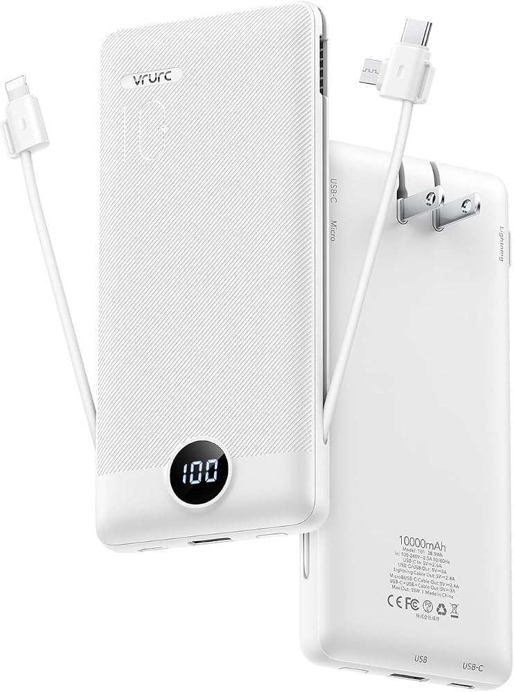 VRURC 3-in-1 Portable Charger, Built-in Cord & Foldable Wall AC Plug-White