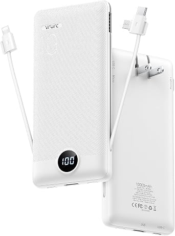 VRURC 3-in-1 Portable Charger, Built-in Cord & Foldable Wall AC Plug-White | 10000mAh Portable Power Bank, Travel Battery Pack for Smartphones, USB-C Emergency External Charger for Trip- 1 PACK