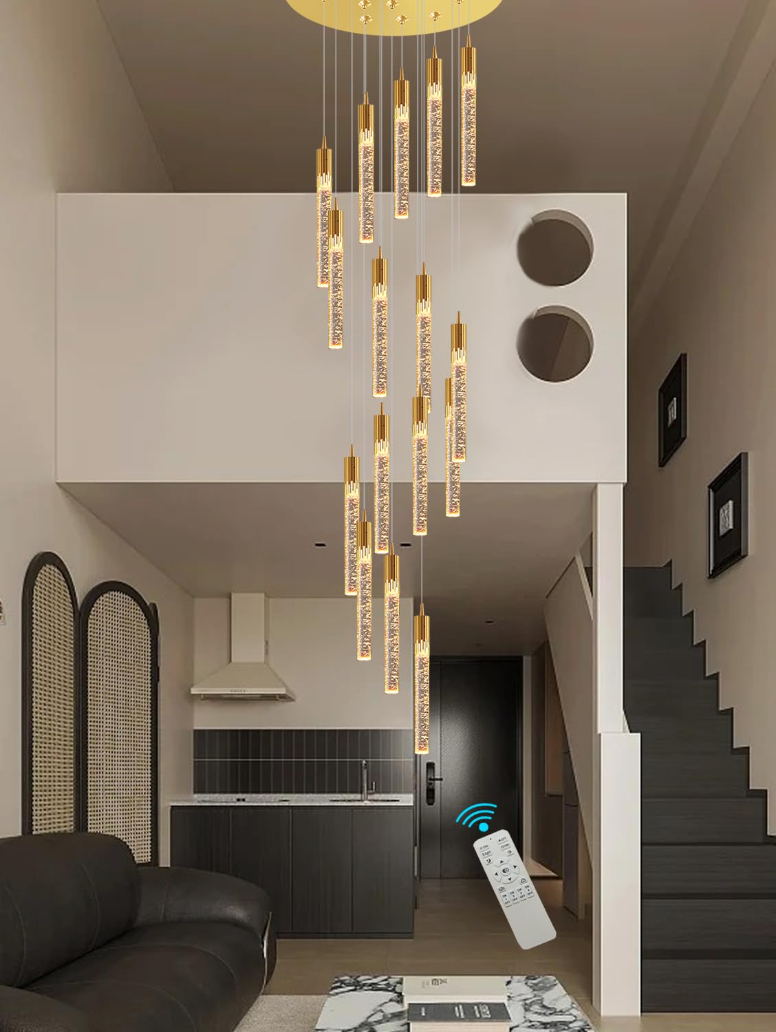 SYAXVOM 16-Light Gold Crystal Bubble Column Chandelier - 11ft Staircase Pendant Light Dimmable 2700K-6000K High Ceiling Foyer Lighting Elegant Entrance Fixture