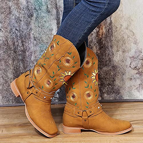 Hbeylia Ethnic Vintage Cowboy Cowgirls Boots For Women Ladies Sunflower Embroidered Fashion Casual Retro Rhinestones Square Toe Chunky Mid Heels Wide Calf Knight Riding Dress Short Boots Boho Beach2