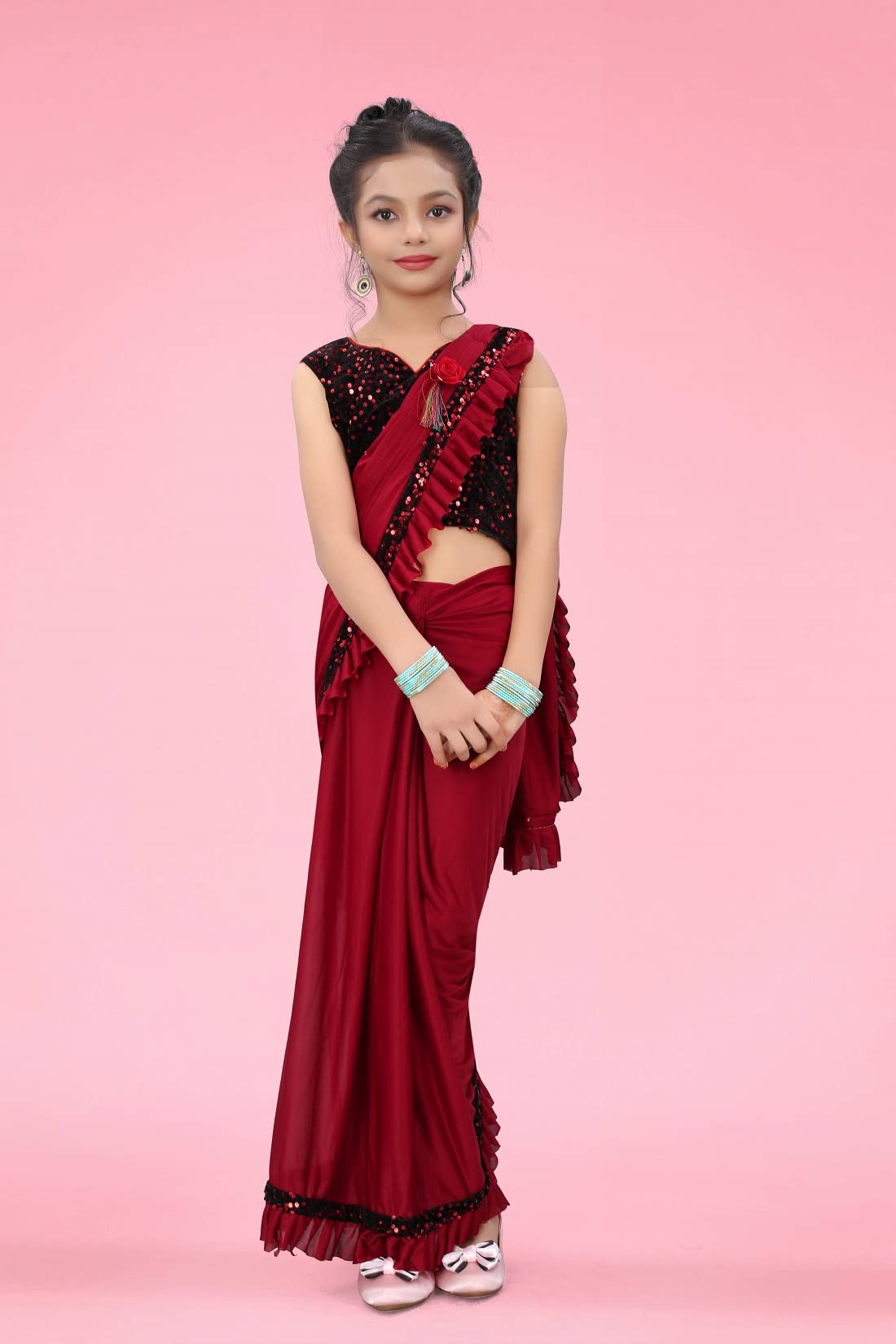 Dhyey fashion Girls Lycra Blend Ruffle Pattern Saree With Velvet Unstitched Blouse Piece - Image 4 thumbnail