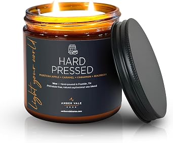 Amber Vale Home HARD PRESSED, Caramel, Cinnamon and Bourbon Scented Natural Soy and Coconut Wax Candle, Phthalate Free, Non-Toxic and Healthy Clean Burning, 16oz Jar 16oz