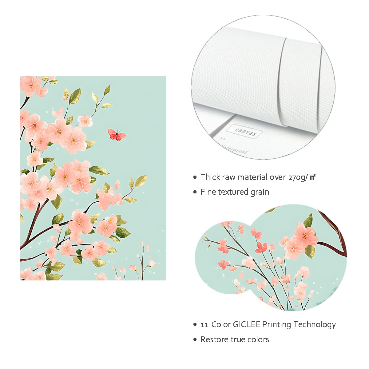 CHERHERART Art mural en toile de cerisier en fleur de printemps Papillons fleuraux pastel Affiche en toile pour chambre de bébé Estampes de style japonais Décoration 80x100cm sans cadre