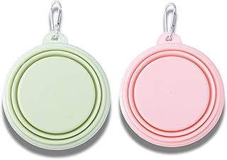 [シリコン製] 折りたたみ ペットボウル 2個セット 犬用 猫用 ペット食器 フードボウル 散歩用 旅行 カラビナ付き (グリーン&ピンク)
