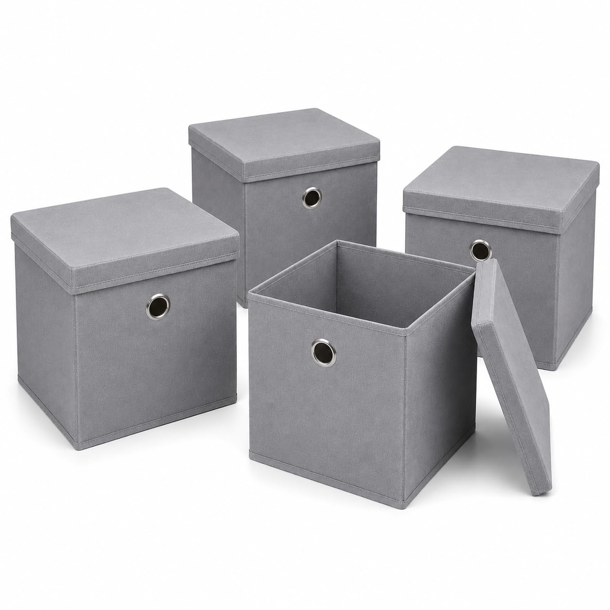 A406 Foldable Fabric Storage Boxes with Lids Set of 4 Non Woven Cubes for Shelves Wardrobe Home Organisation Foldable Storage Cubes collapsible Storage Box in Grey Blue White Black (Grey, 30x30x30cm)