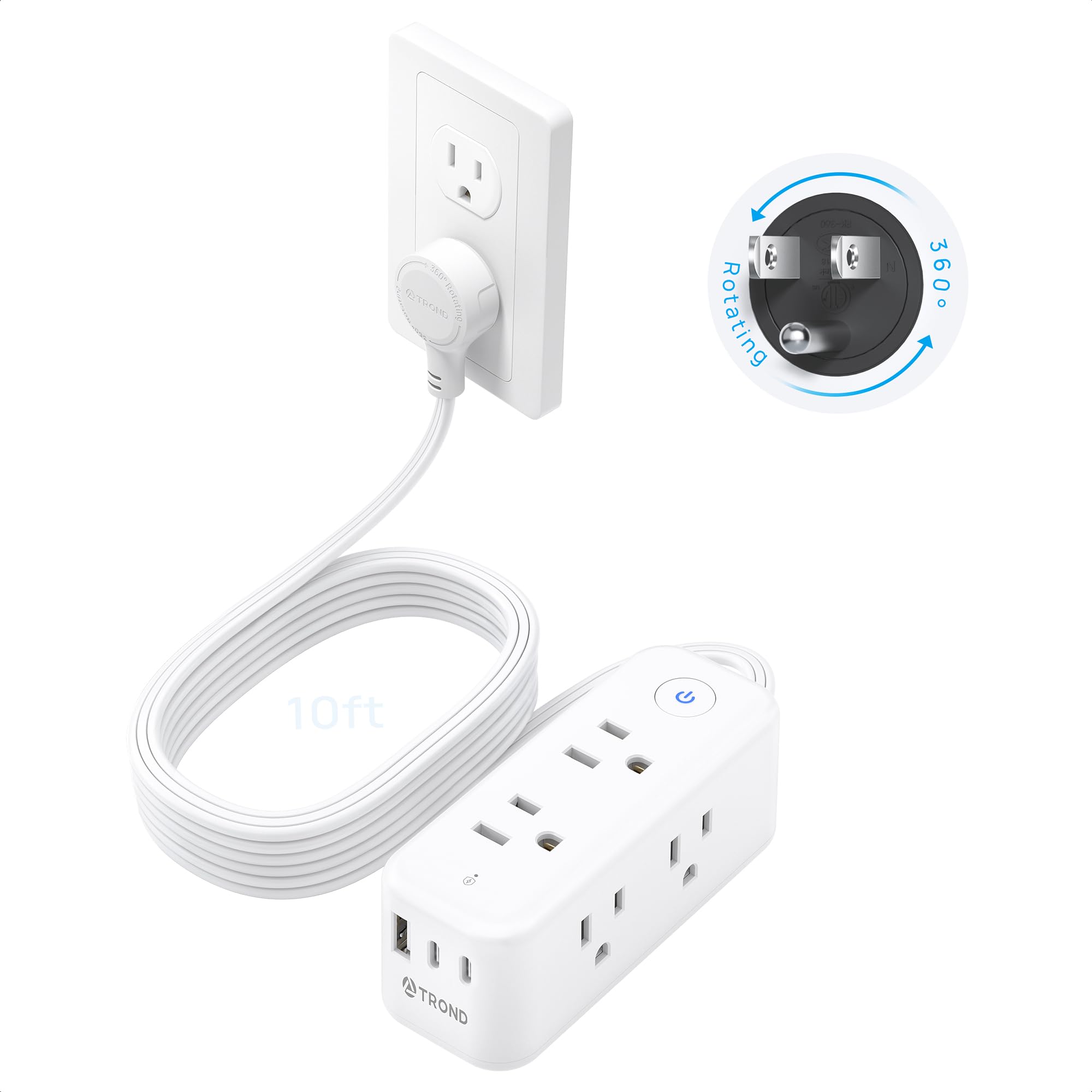 TROND 360 Rotating Plug Surge Protector with 6 Widely Spaced Outlets, White | Flat Extension Cord 10ft with 2 USB C and 1 USB A, 1440J Surge Protector, Surge Protector Power Strip for Home Travel Office