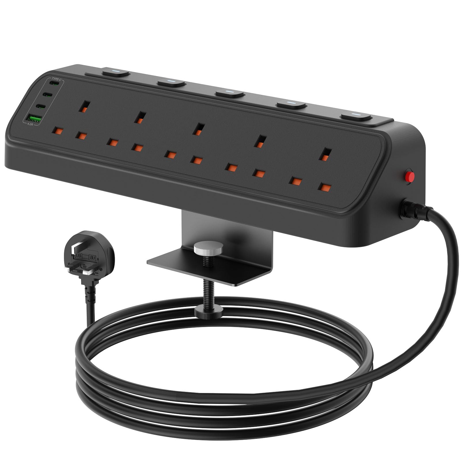Desk Power Socket USB C, 5 Way Desktop Socket Individually Switchable with 3 USB C and 1 USB A, Desk Extension Lead 1.8M with Removable Clamp, Power Strip Surge Protector for Home Office, Black